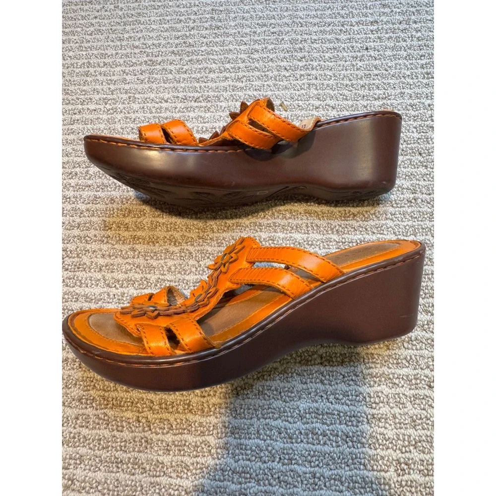 Born Orange Leather Flower‎ Wedge Sandals Women US Size 7 EU 38